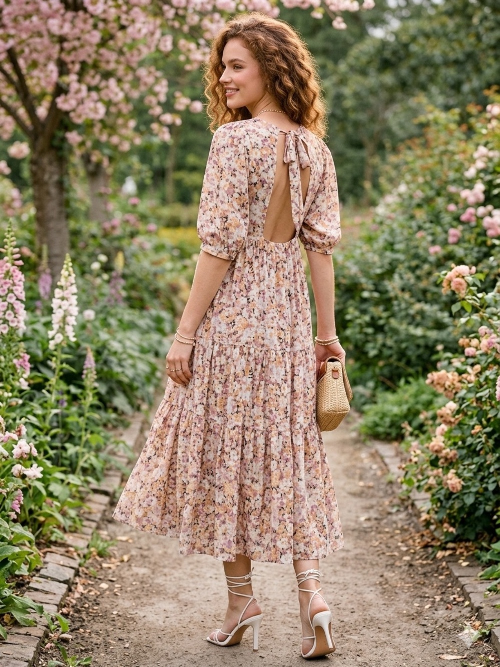 En Saison Jocelyn Pink Floral Open Tie Backless Midi Dress Sz M Boho Romantic